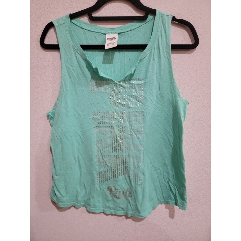 VICTORIA'S SECRET‎ PINK Mint Green Silver Logo MUSCLE TANK TOP Women's S